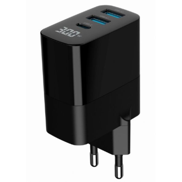 TA-UC-PDQC30LCD-BK-02 Gembird GaN USB brzi punjac, 30W 3-port (2xUSB-A+ USB-C), LCD, black - EP3224856