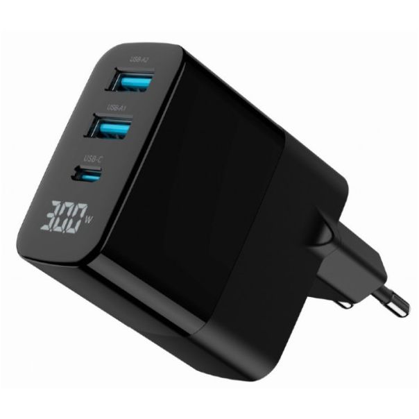 TA-UC-PDQC30LCD-BK-02 Gembird GaN USB brzi punjac, 30W 3-port (2xUSB-A+ USB-C), LCD, black - EP3224856