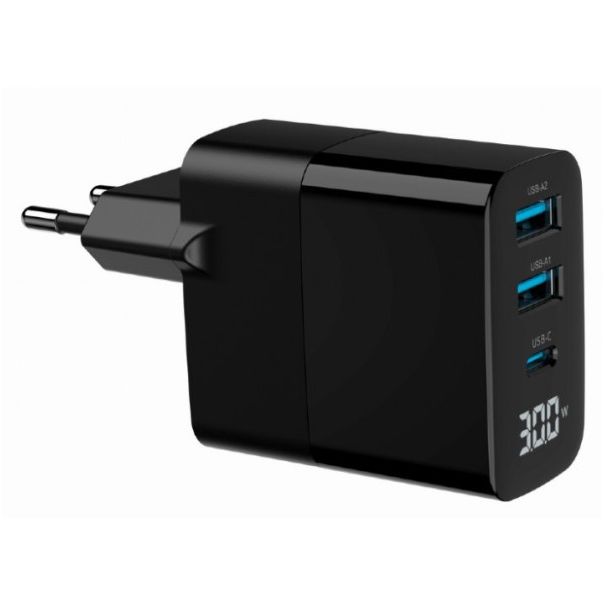 TA-UC-PDQC30LCD-BK-02 Gembird GaN USB brzi punjac, 30W 3-port (2xUSB-A+ USB-C), LCD, black - EP3224856