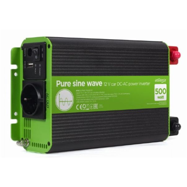 EG-PWC-PS500-01 Gembird 12V Cist sinusni auto inverter DC/AC 500W + USB port, 1,95KG - EP3227959