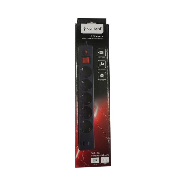 SPG5-B-10(3G1.5)**Gembird produzni kabl sa zastitom i 5 uticnica, 5V/3.1A USB-A+C 16A/3500W 3m (765) - EP3228013