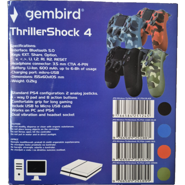 JPD-Wireless-Thrillershock PC/PS4 BLACK Gembird Bezicni gamepad sa dvostrukom vibracijom v2 - EP3227839