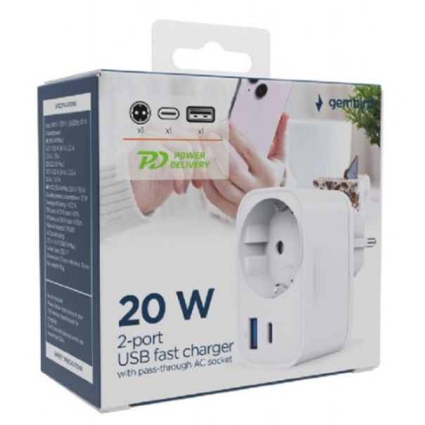 TA-ACPDQC20-01-W Gembird 20W 2-port USB brzi punjac sa pass-through AC socket-om, white - EP3228016