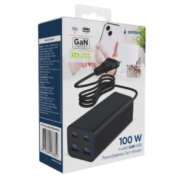 TA-UC-2A2C-PD100-01-BK Gembird 4-port 100W GaN USB PowerDelivery brzi punjacr, black - EP3228362