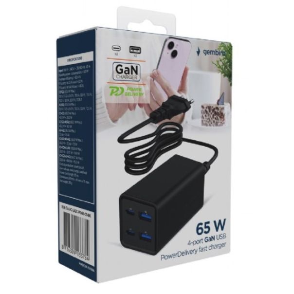 TA-UC-2A2C-PD65-01-BK Gembird 4-port 65W GaN USB PowerDelivery brzi punjac, black - EP3228368