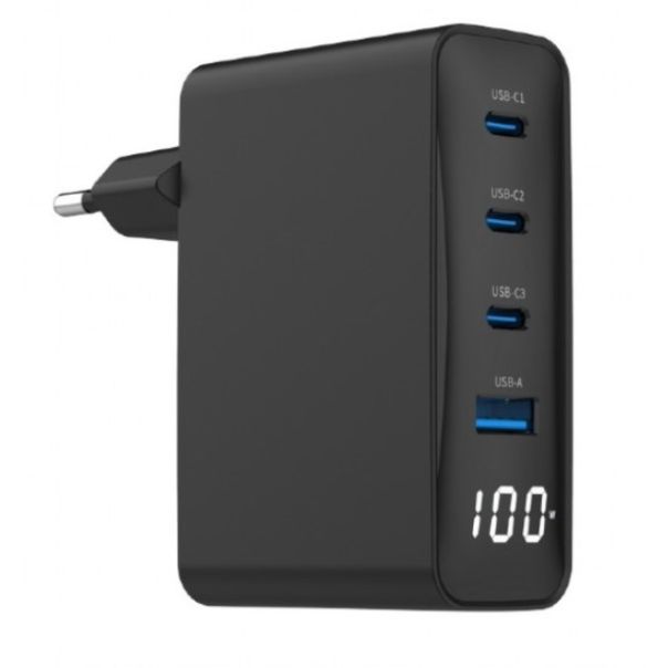 TA-UC-PDQC100LCD-01-BK Gembird 4-port 100W GaN USB fast charger, LCD, black - EP3228028