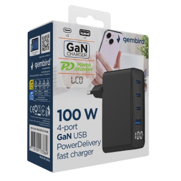 TA-UC-PDQC100LCD-01-BK Gembird 4-port 100W GaN USB fast charger, LCD, black - EP3228028