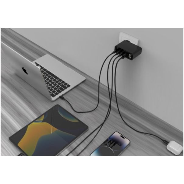 TA-UC-PDQC100LCD-01-BK Gembird 4-port 100W GaN USB fast charger, LCD, black - EP3228028