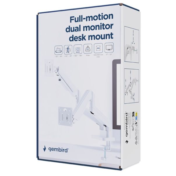 MA-DA2-06-W Gembird Podesivi dupli stoni drzac za monitor, tilt, 17-32 max.10kg White - EP3273995