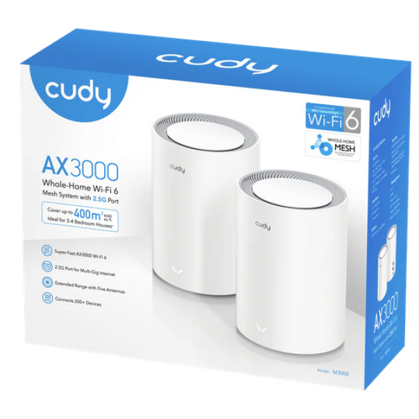 Cudy M3000 2-Pack,AX3000 2.5G Mesh Wi-Fi 6 System White,4-Stream Dual-Band, 2402 Mbps + 574 Mbps - EP3269292
