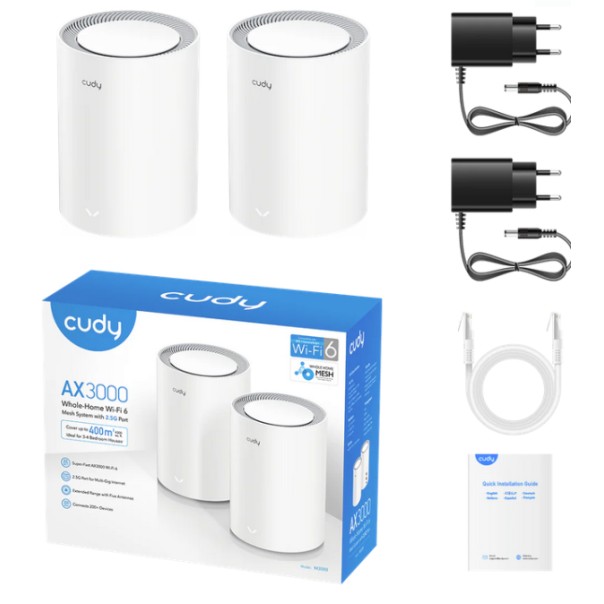 Cudy M3000 2-Pack,AX3000 2.5G Mesh Wi-Fi 6 System White,4-Stream Dual-Band, 2402 Mbps + 574 Mbps - EP3269292