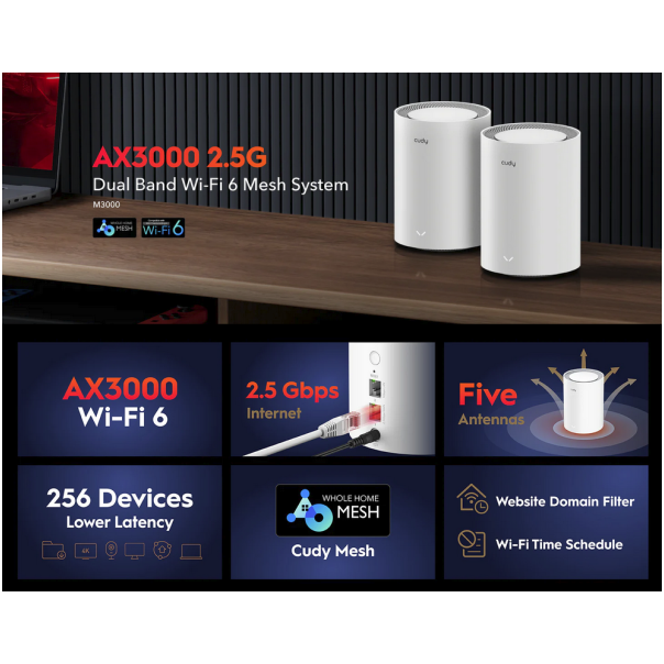 Cudy M3000 3-pack2.0,AX3000 2.5G Mesh Wi-Fi 6 System White, 4-Stream Dual-Band,2402 Mbps + 574 Mbps - EP3269313