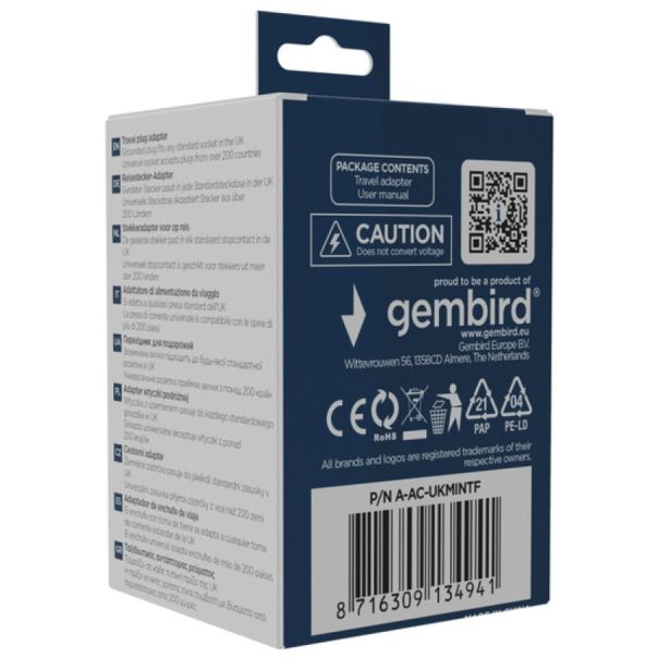 Travel adapter A-AC-UKMINTF Gembird UK suko 10A - EP3225010
