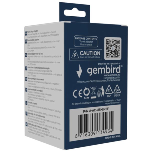 Travel adapter A-AC-USMINTF Gembird US suko 10A - EP3225022