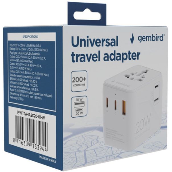 Travel adapter TPA-1A2C20-01-W Gembird Univerzalni 20W - EP3225088