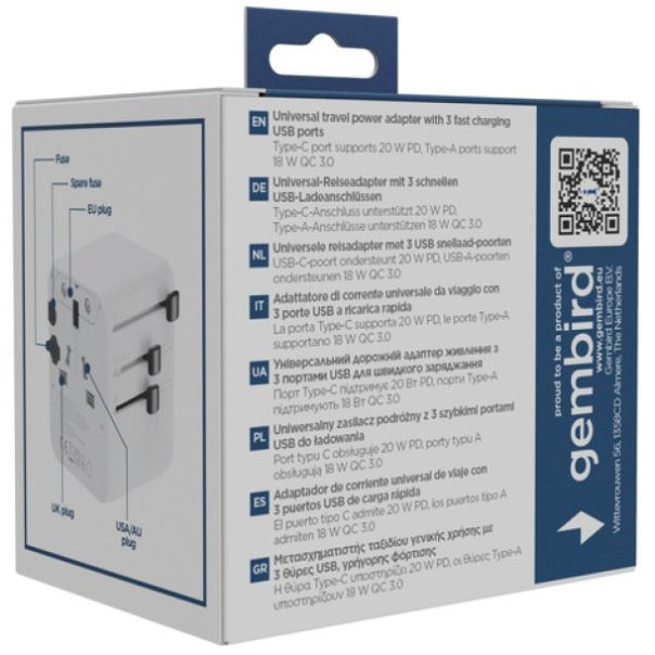 Travel adapter TPA-1A2C20-01-W Gembird Univerzalni 20W - EP3225088