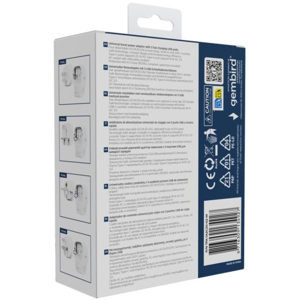 Travel adapter TPA-1A2C20-02-W Gembird Univerzalni 20W - EP3225100