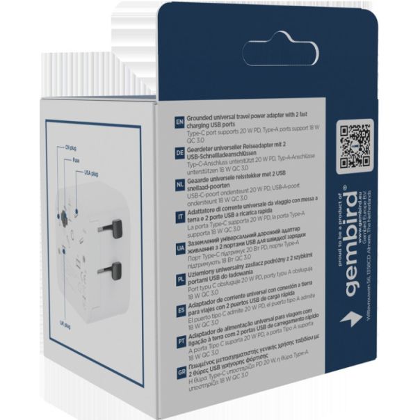 Travel adapter TPA-EU1A1C20-01-W Gembird Univerzalni, sa uzemljenjem 20W - EP3224629