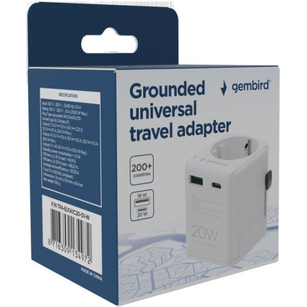 Travel adapter TPA-EU1A1C20-01-W Gembird Univerzalni, sa uzemljenjem 20W - EP3224629