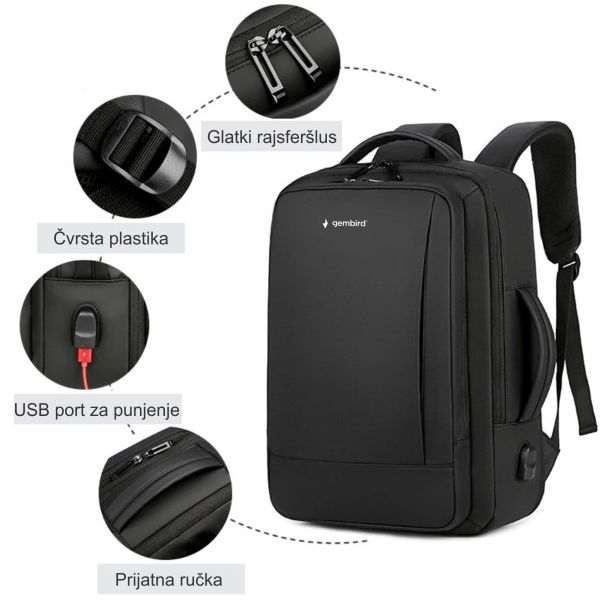 NCC-15-KLB017 Gembird Ranac za laptop 15,6/17inc 43x31x15(+5)cm USB konektor, 900g - EP3225460