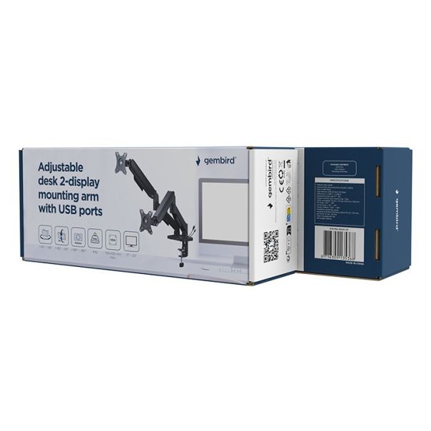 MA-DA2U-01 Gembird Podesivi stoni nosac za 2 monitora sa USB portovima, 17-32, 9kg - EP3226138