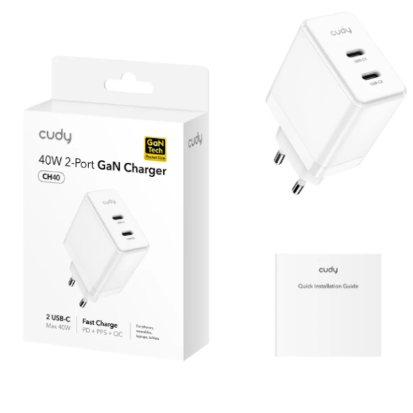 Cudy CH40_EU Brzi punjac za telefone,laptopove I tablete PD+PPS+QC, 2× USB-C , 40W - EP3228961