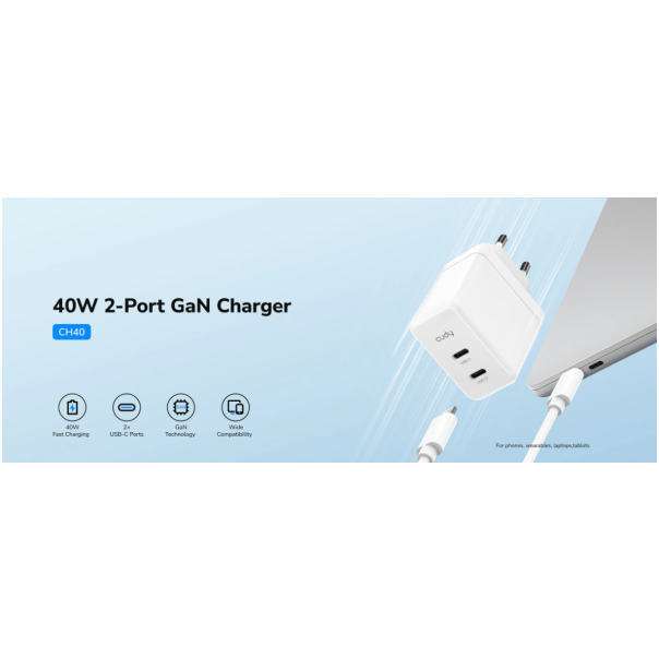 Cudy CH40_EU Brzi punjac za telefone,laptopove I tablete PD+PPS+QC, 2× USB-C , 40W - EP3228961