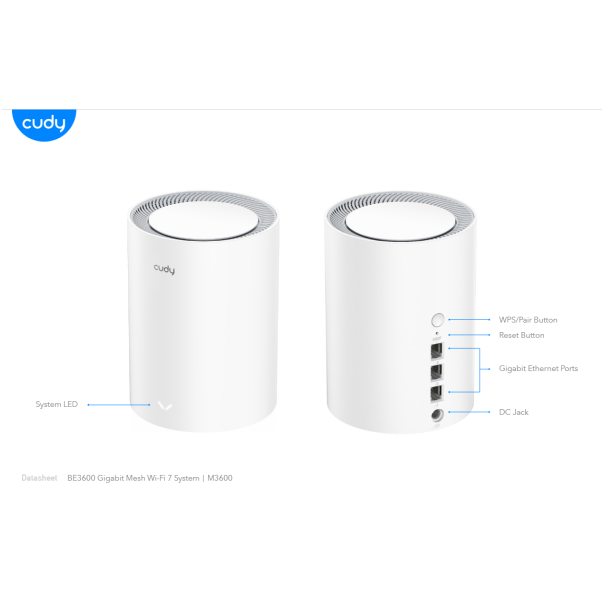 Cudy M3600(1-Pack), BE3600 Gigabit Mesh Wi-Fi 7 System, 2882 Mbps + 688 Mbps IPv6 - EP3269340