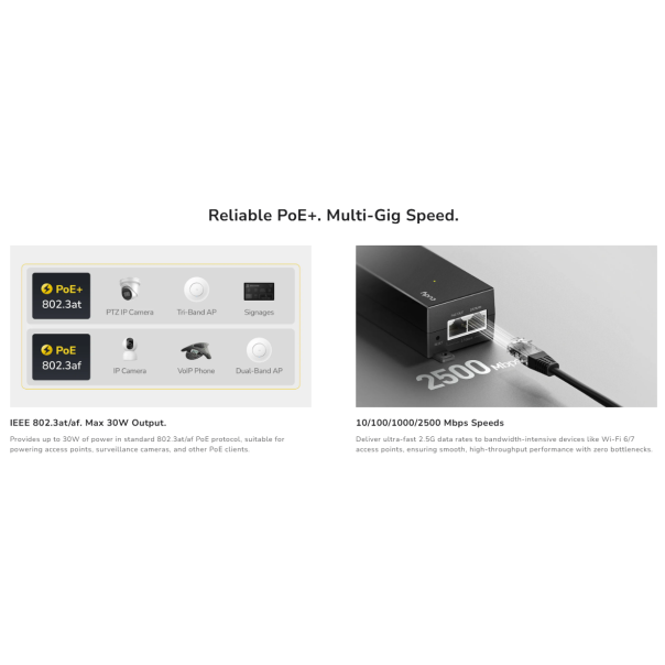 Cudy POE200H,30W 2.5 Gbps PoE+ Injector,10/100/1000/2500 Mbps - EP3228982