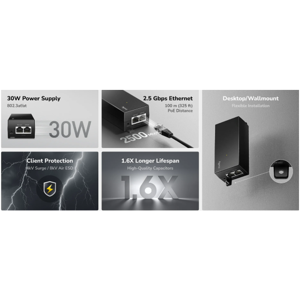 Cudy POE200H,30W 2.5 Gbps PoE+ Injector,10/100/1000/2500 Mbps - EP3228982