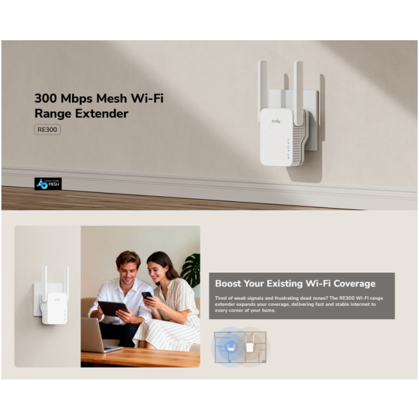 Cudy RE300, N300 Mesh Wi-Fi Range Extender,2.4 GHz Wi-Fi Speed, 300 Mbps - EP3227110