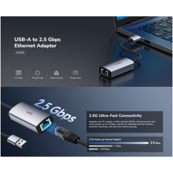 Cudy UE25A, USB-A adapter za Ethernet od 2.5 Gbps , 10/100/1000/2500 Mbps - EP3227119