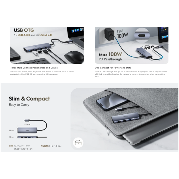 Cudy UH405, 5-In-1 HDMI 4K USB-C Hub 30/60/120 Hz, 5Gps, 100W - EP3269358