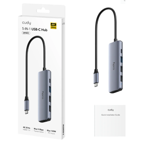 Cudy UH405, 5-In-1 HDMI 4K USB-C Hub 30/60/120 Hz, 5Gps, 100W - EP3269358