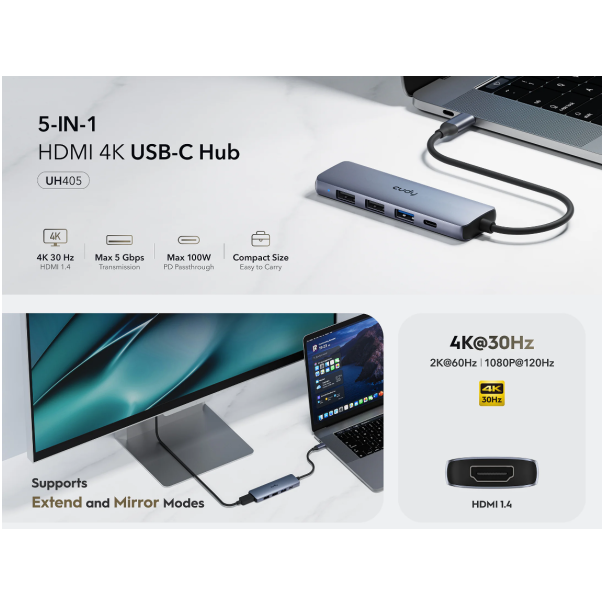Cudy UH405, 5-In-1 HDMI 4K USB-C Hub 30/60/120 Hz, 5Gps, 100W - EP3269358