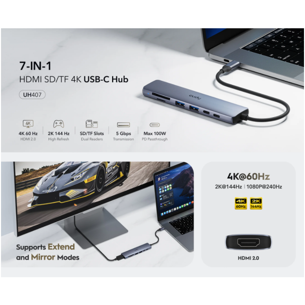 Cudy UH407, 7-In-1 HDMI SD/TF 4K USB-C Hub, 60/144/240 Hz, 5Gps, 100W - EP3228991