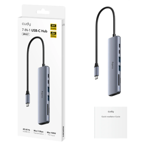 Cudy UH407, 7-In-1 HDMI SD/TF 4K USB-C Hub, 60/144/240 Hz, 5Gps, 100W - EP3228991