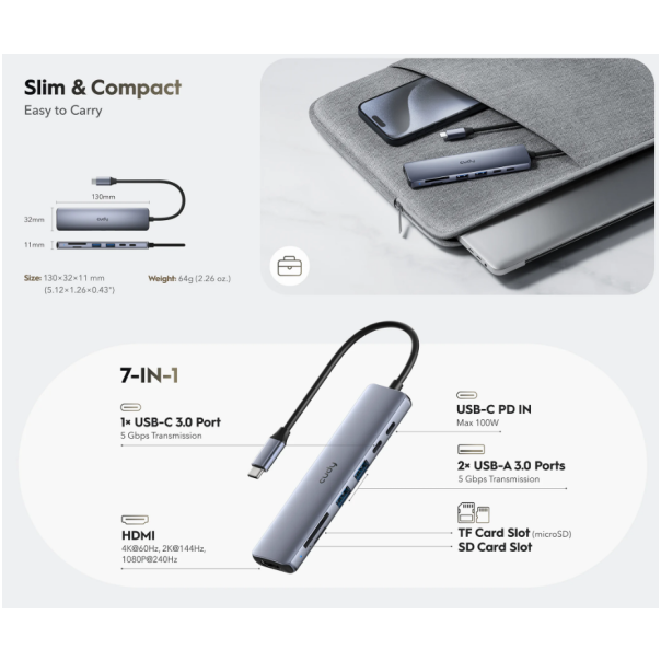 Cudy UH407, 7-In-1 HDMI SD/TF 4K USB-C Hub, 60/144/240 Hz, 5Gps, 100W - EP3228991