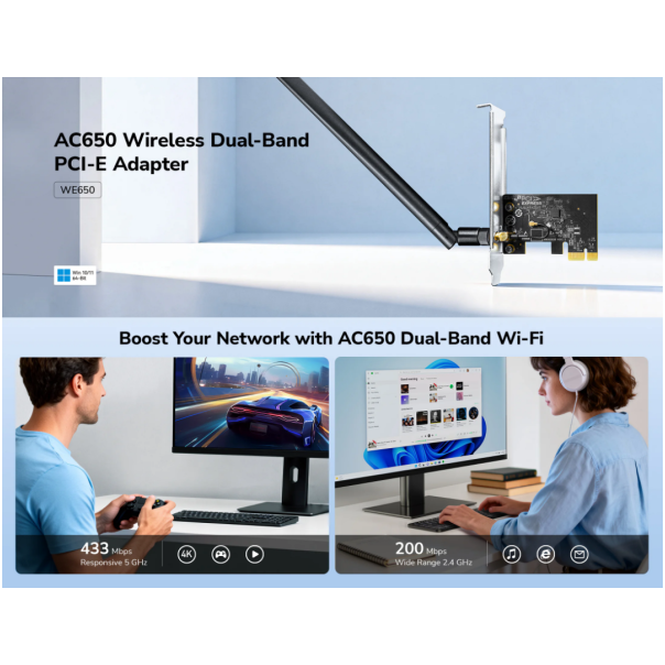 Cudy WE650,AC650  Bezicni PCI-E adapter sa dva opsega, 433 Mbps + 200 Mbps ,Dual-Band Wi-Fi 5 - EP3227134