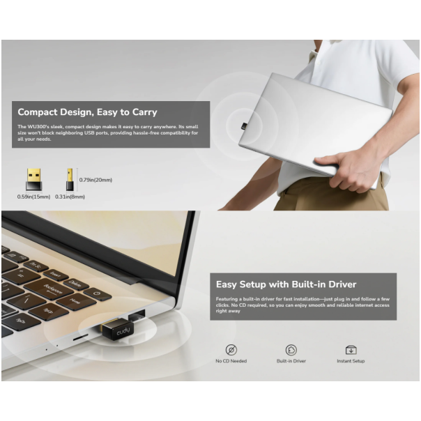 Cudy WU300, AX300 Wi-Fi 6 Nano USB adapter, 2.4 GHz, 286 Mbps - EP3228997