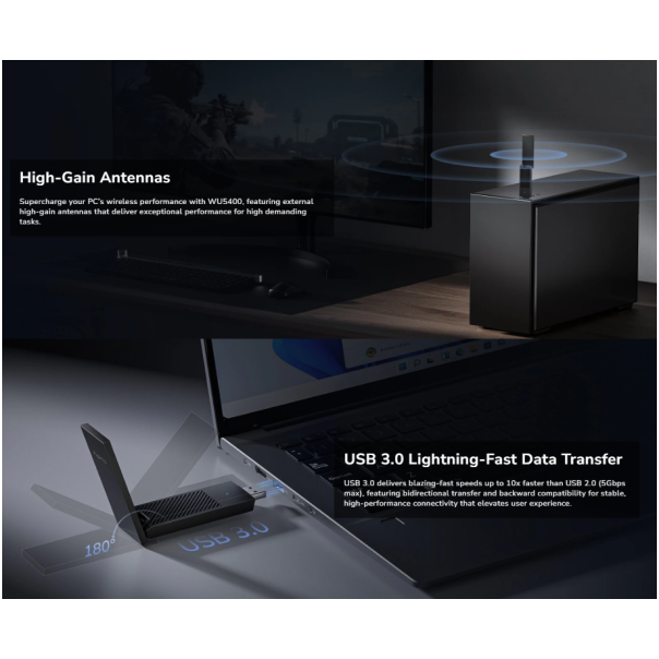 Cudy WU5400, AX5400 High-Gain USB 3.0 Wi-Fi 6E Adapter 2.4/5/6 GHz, 574 Mbps/2402 Mbps - EP3224571