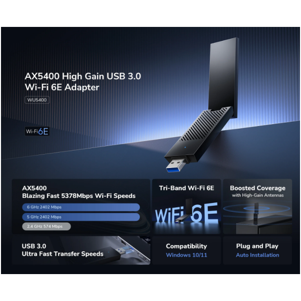 Cudy WU5400, AX5400 High-Gain USB 3.0 Wi-Fi 6E Adapter 2.4/5/6 GHz, 574 Mbps/2402 Mbps - EP3224571