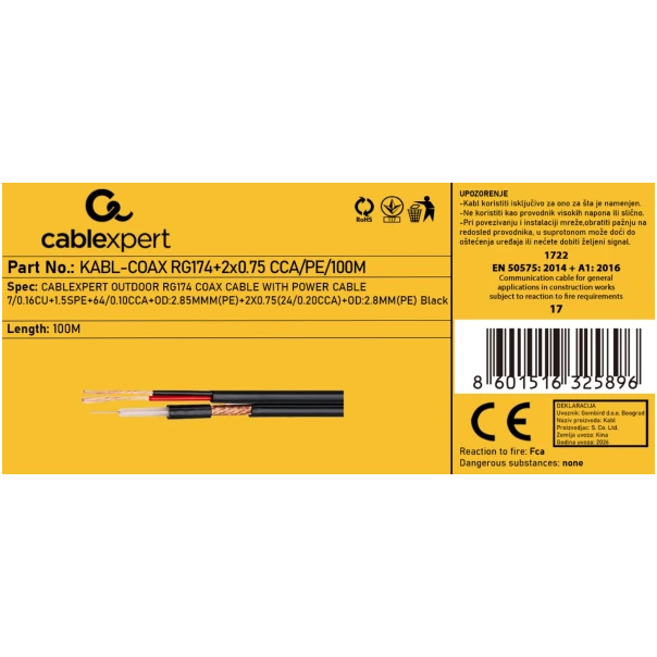 KABL-COAX-RG174+2X0.75 CCA/PE/100M,Gembird kabl kombinovani, signal i napajanje (hybrid) outdoor - EP3229053