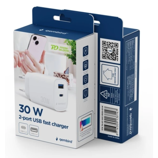 TA-UC-1A1C-PD30-01-W Gembird 2-port 30 W USB fast charger - EP3228194