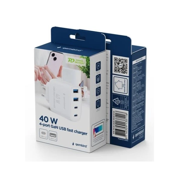 TA-UC-2A2C-PD40-01-W Gembird 4-port 40 W GaN USB PowerDelivery fast charger, white - EP3224772
