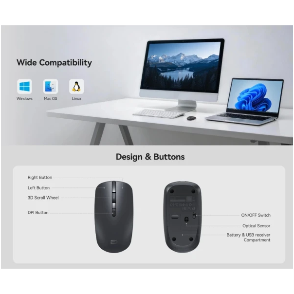 Cudy MS9923 Bezicni mis tihi 2,4GHz, opticki USB 800-1600Dpi Grey, 113mm - EP3227014