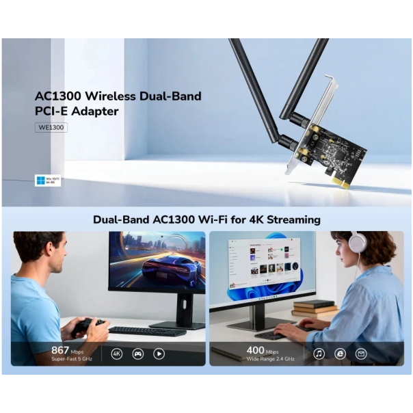 Cudy WE1300,AC1300 bežièni dvopojasni Wi-Fi 5, PCI-E adapter,V1.0, 867 Mbps + 400 Mbps - EP3227020