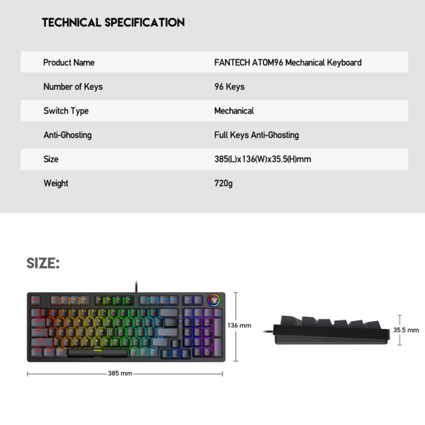 Tastatura mehanička Gaming Fantech MK890 RGB Atom 96 crna (RED switch) - EP2845095