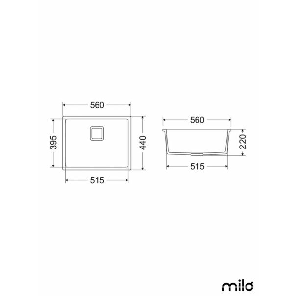 Milo Granitna sudopera Qubus 56x44cm Lava stone sifon 90 - QUB.L.1K56