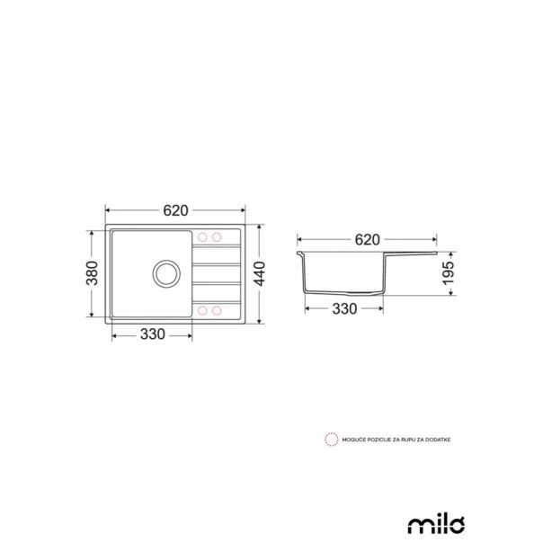 Milo Granitna sudopera Metro 62x44cm Diamond grey ø90 - MET.D.1KKO